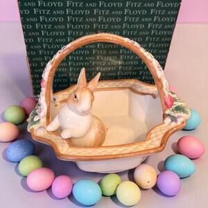 Fitz and Floyd Botanical Bunny Collection Figural Basket with Handle New in Box